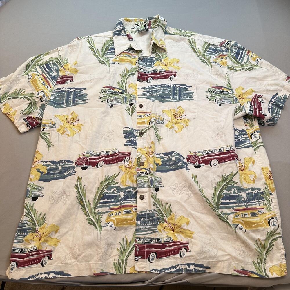 High Seas Trading Co Hawaiian Shirt Mens Fits XL XXL Surf Cars Floral USA Rayon